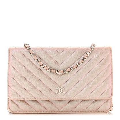 Chanel Metallic Caviar Chevron Quilted Wallet On Chain WOC Light Gold 1 of 12