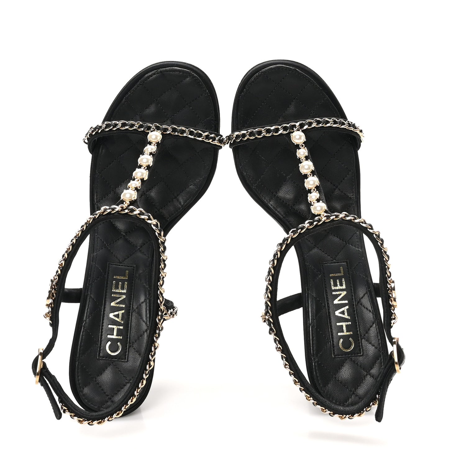 Silk Satin Pearl Chain CC Sandals 38 Black