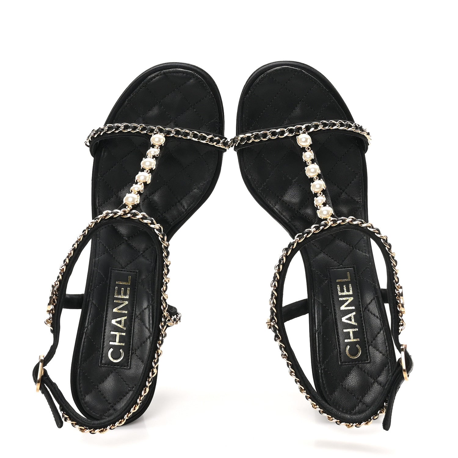 Chanel Silk Satin Pearl Chain CC Sandals 38 Black 2 of 12