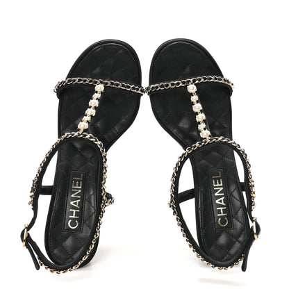 Chanel Silk Satin Pearl Chain CC Sandals 38 Black 2 of 12