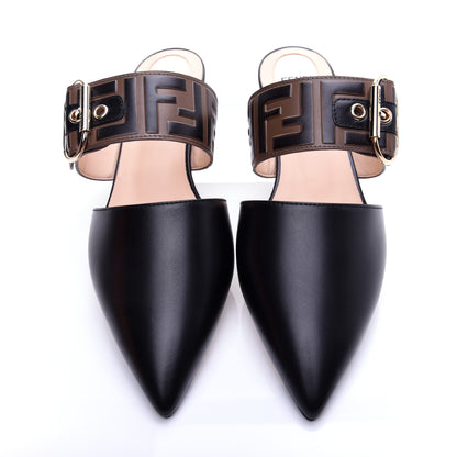 Fendi Vitello FF Embossed Buckle Flat Mules 38 Maya Black 8 of 14