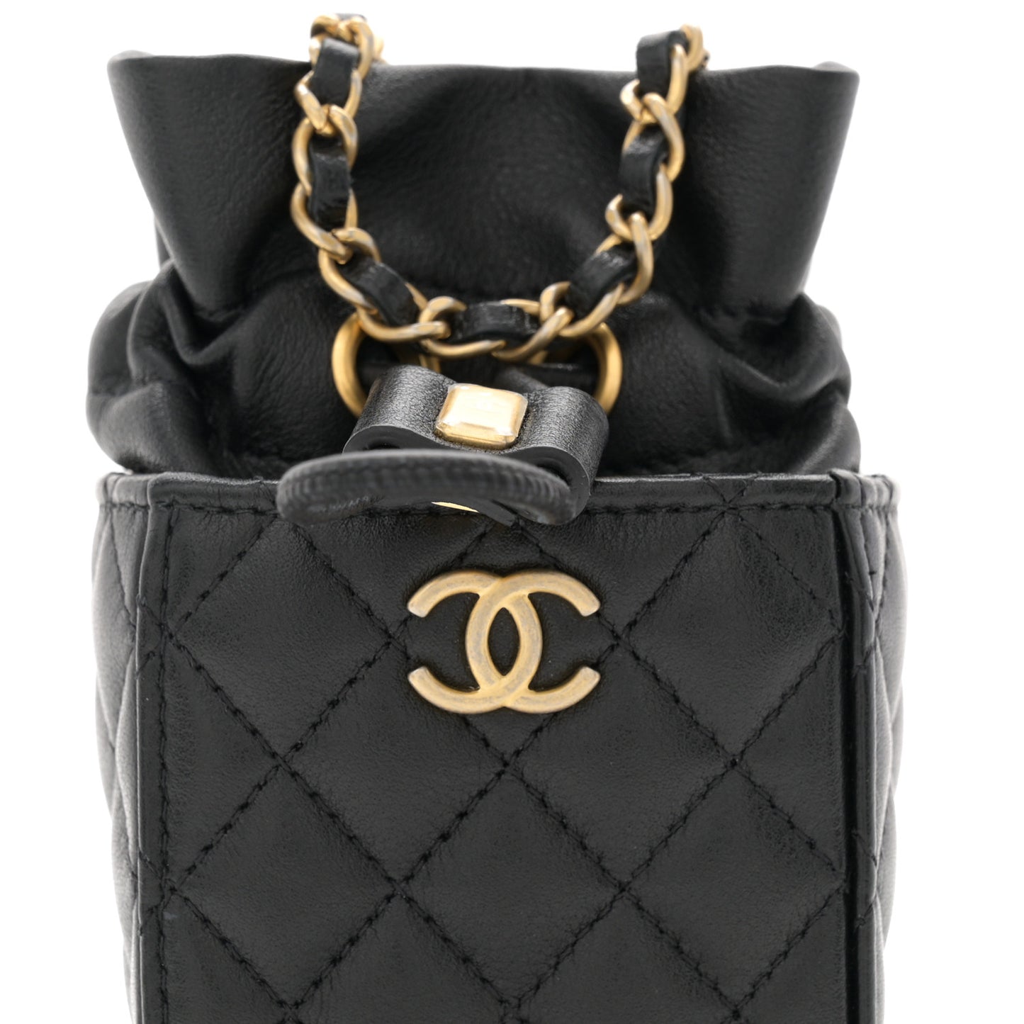 Calfskin Quilted Mini Drawstring Bucket Bag Black