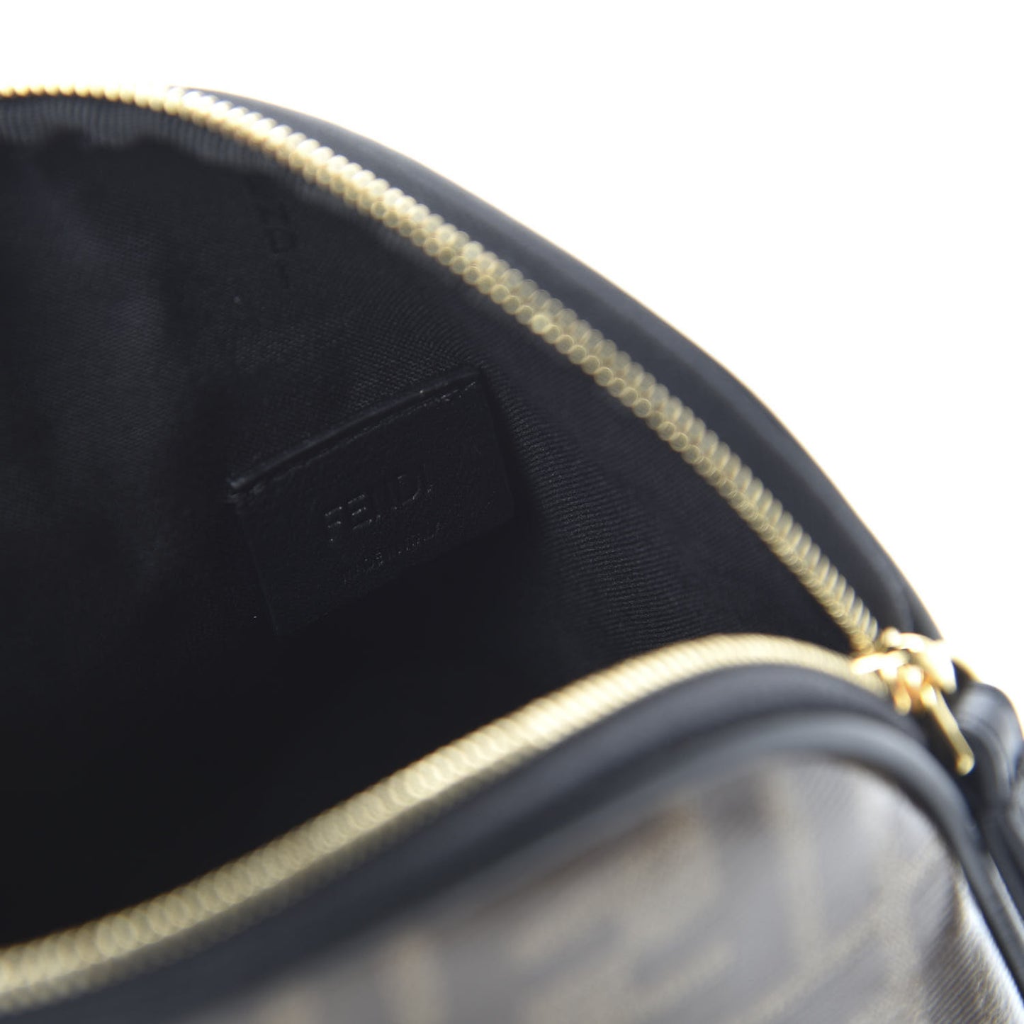 Glazed Fabric Vitello Century FF 1974 Stamp Patch Medium Cosmetic Case Mogano Panna Black