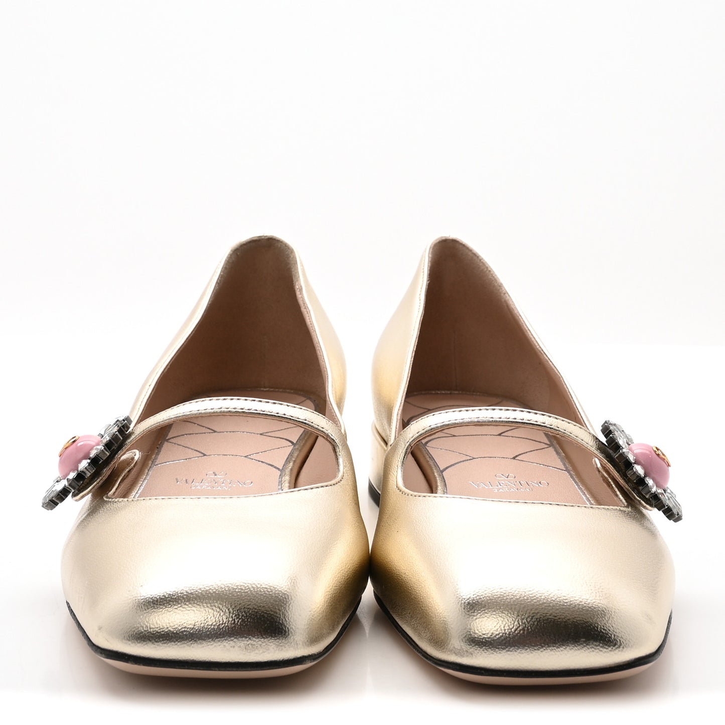 Metallic Kidskin Jewel Button Mary Jane Flats 37 Gold Pink