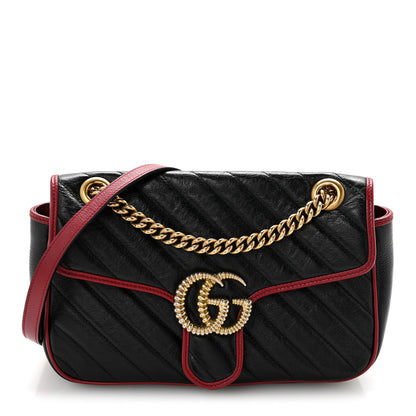Gucci Vintage Effect Calfskin Matelasse Diagonal Small Torchon GG Marmont Shoulder Bag Black Romantic Cherry 1 of 13