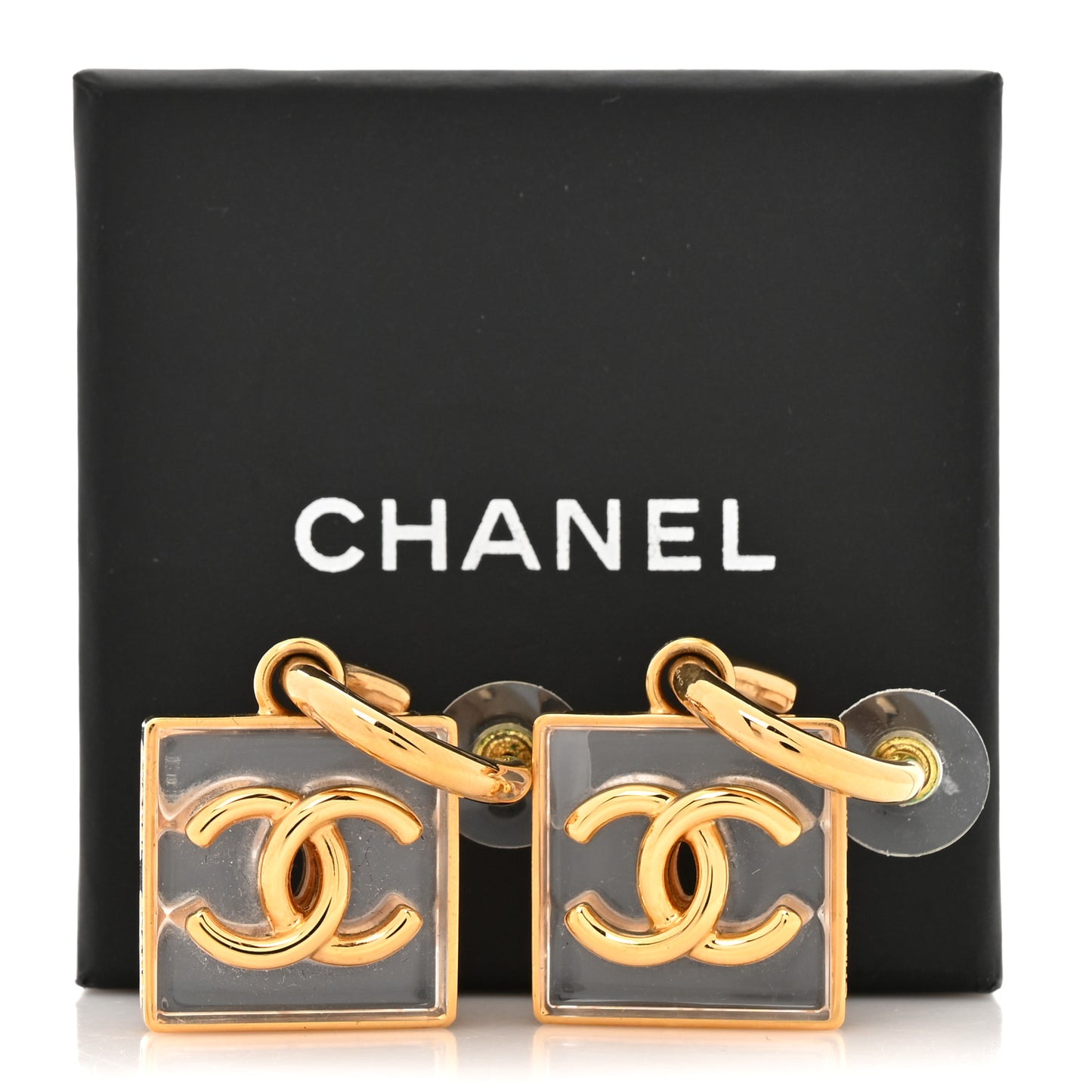 Metal Resin CC Square Drop Earrings Gold Transparent
