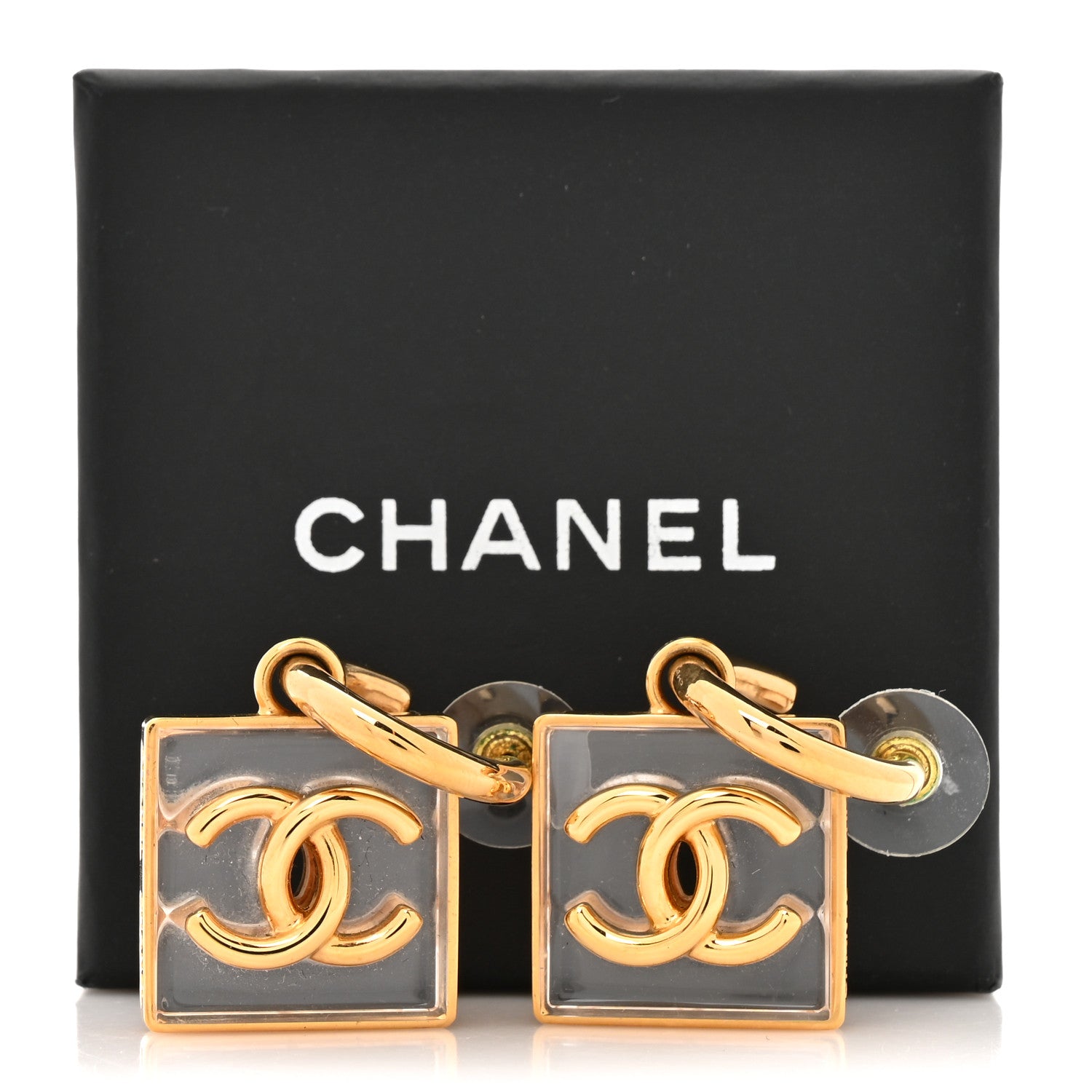 Chanel Metal Resin CC Square Drop Earrings Gold Transparent 5 of 5
