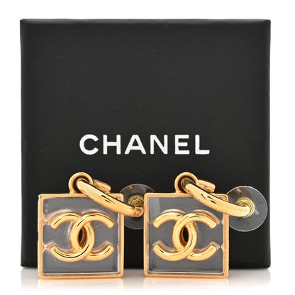 Chanel Metal Resin CC Square Drop Earrings Gold Transparent 5 of 5
