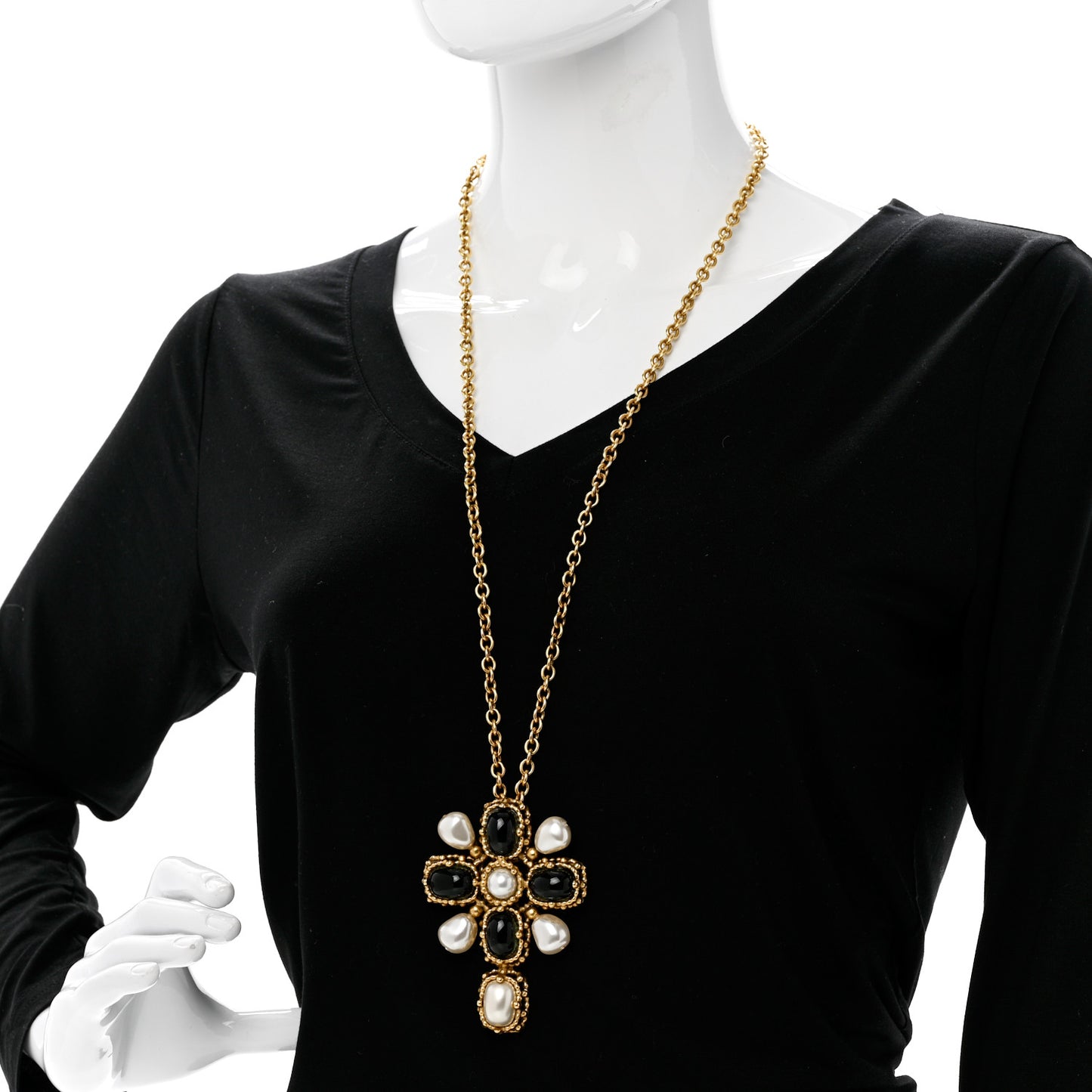 Crystal Pearl Cross Pendant Necklace Gold