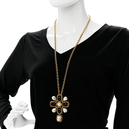 Saint Laurent Crystal Pearl Cross Pendant Necklace Gold 2 of 6