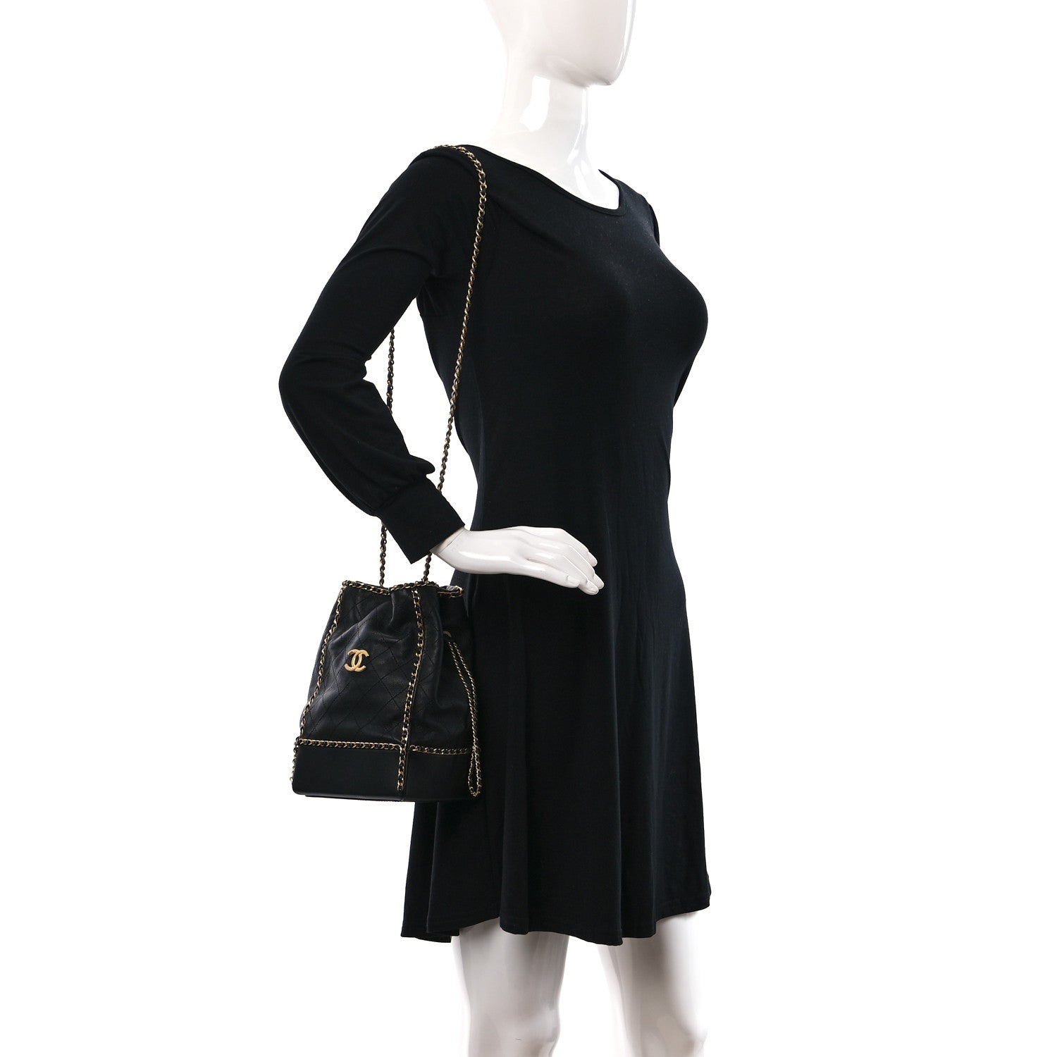Chanel Calfskin Quilted Chain Bucket Bag Black 2 of 9