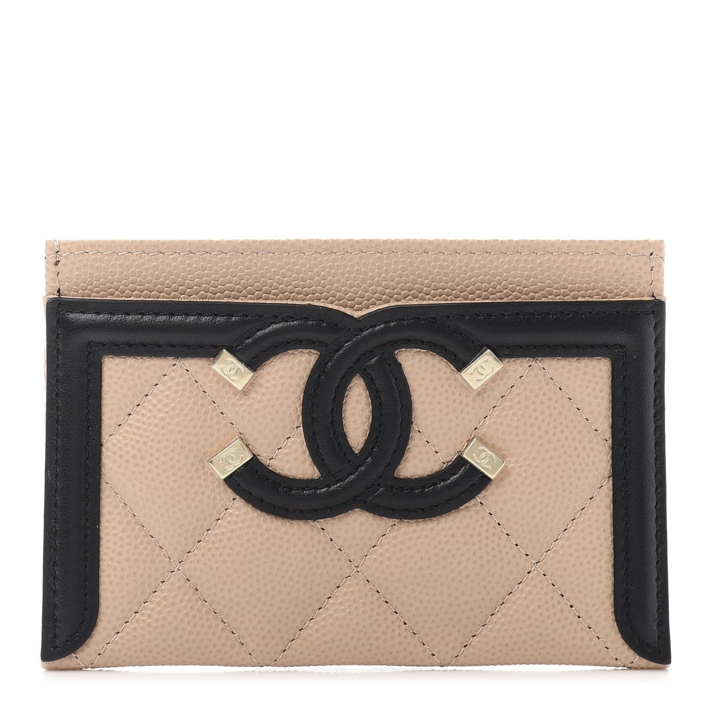 Caviar Quilted Filigree Card Holder Beige Black