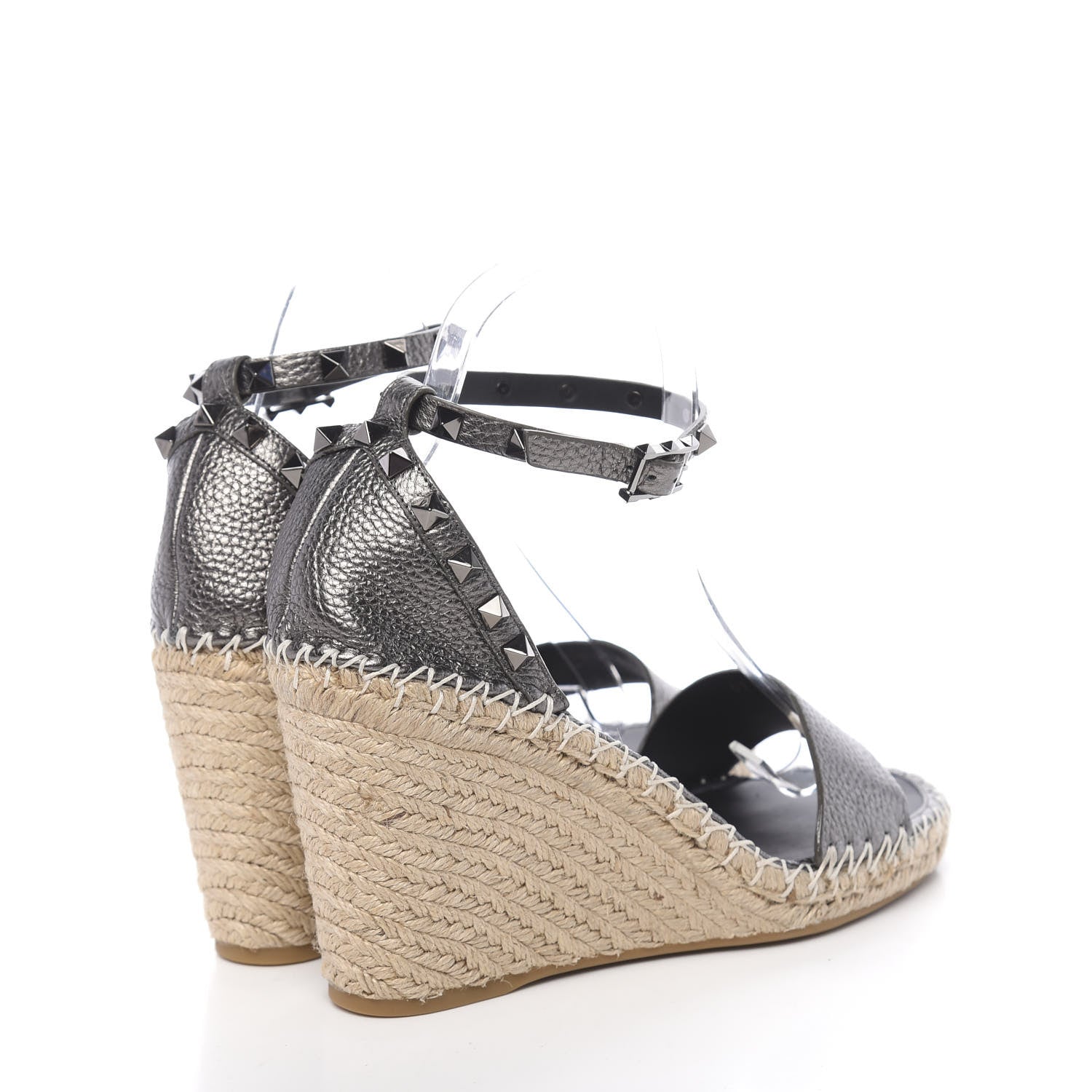 Valentino Garavani Metallic Grained Calfskin Rockstud Ankle Strap Espadrille 15/105mm Wedge Sandals 41 Rutenio Natural 4 of 10