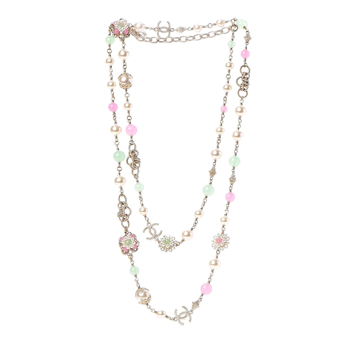 Pearl Beaded CC Long Necklace Pink Green