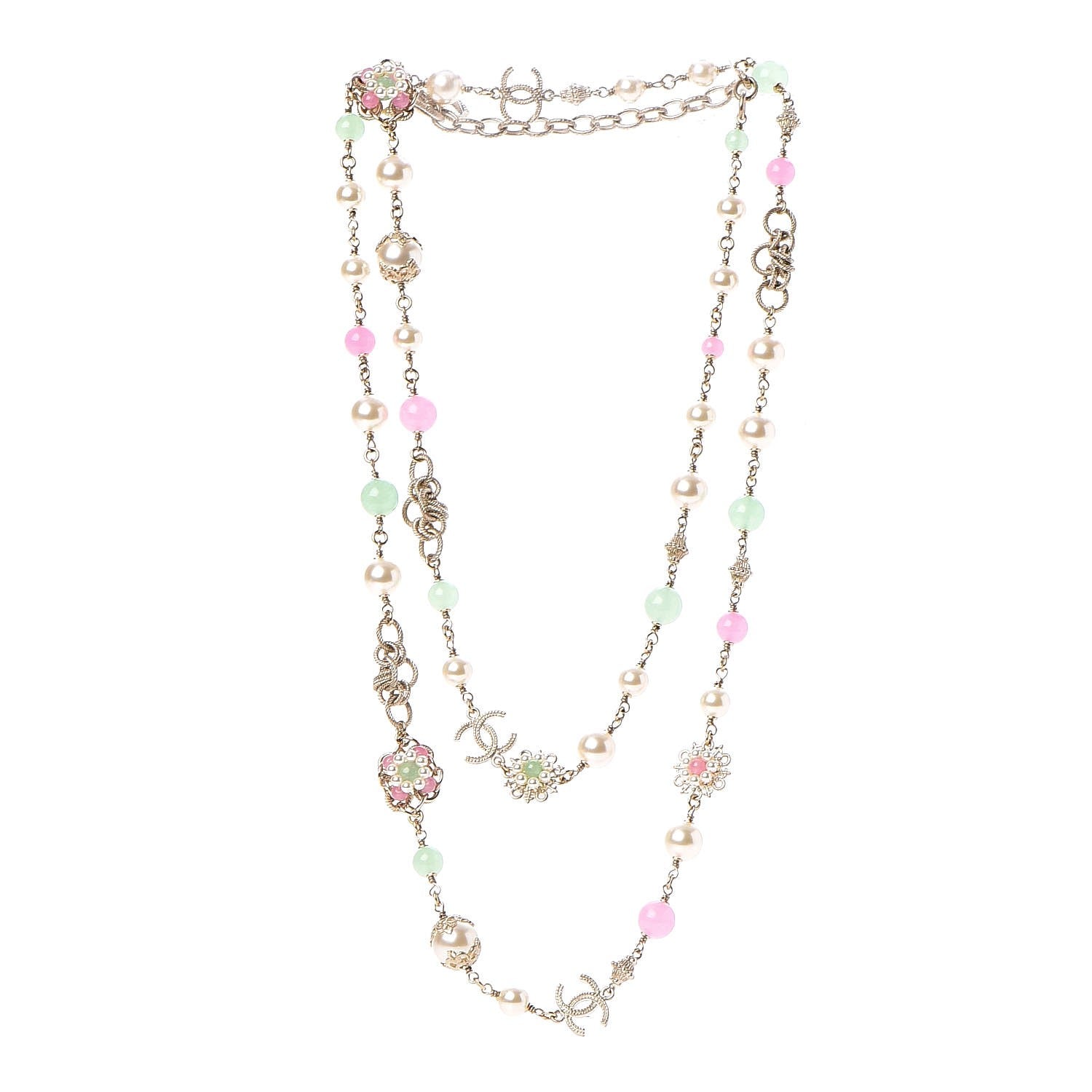 Chanel Pearl Beaded CC Long Necklace Pink Green 3 of 7