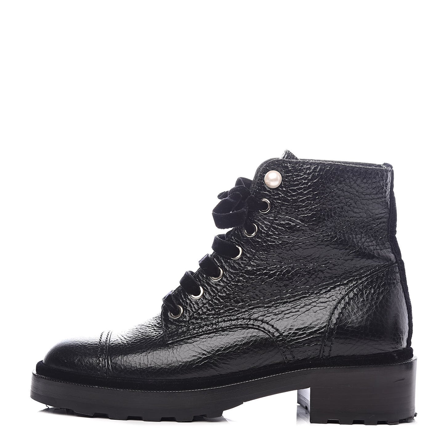 Calfskin Velvet Pearl Combat Short Boots 38 Black