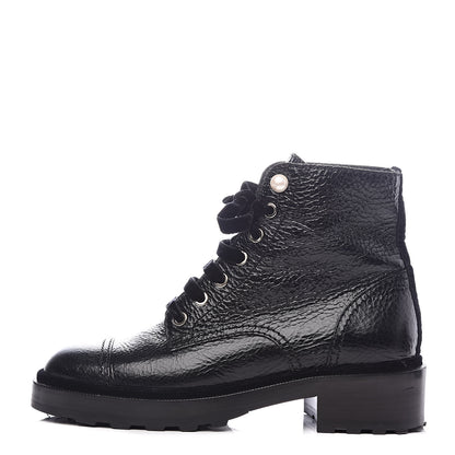 Chanel Calfskin Velvet Pearl Combat Short Boots 38 Black 1 of 8