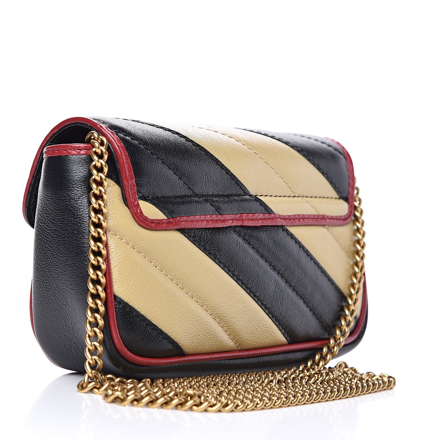 Gucci Vintage Effect Calfskin Matelasse Diagonal Striped Super Mini Torchon GG Marmont Shoulder Bag Black Beige 3 of 11