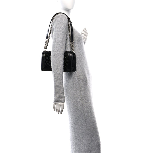 Patent Calfskin Quilted Medium Plexiglass Boy Flap Black