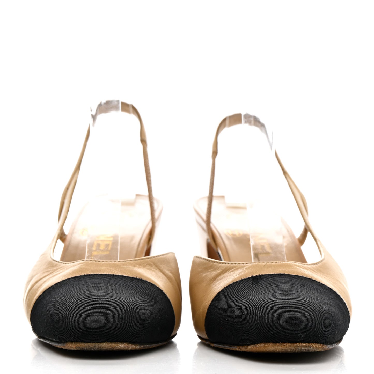 Goatskin Grosgrain Cap Toe CC Slingback Pumps 36 Beige Black