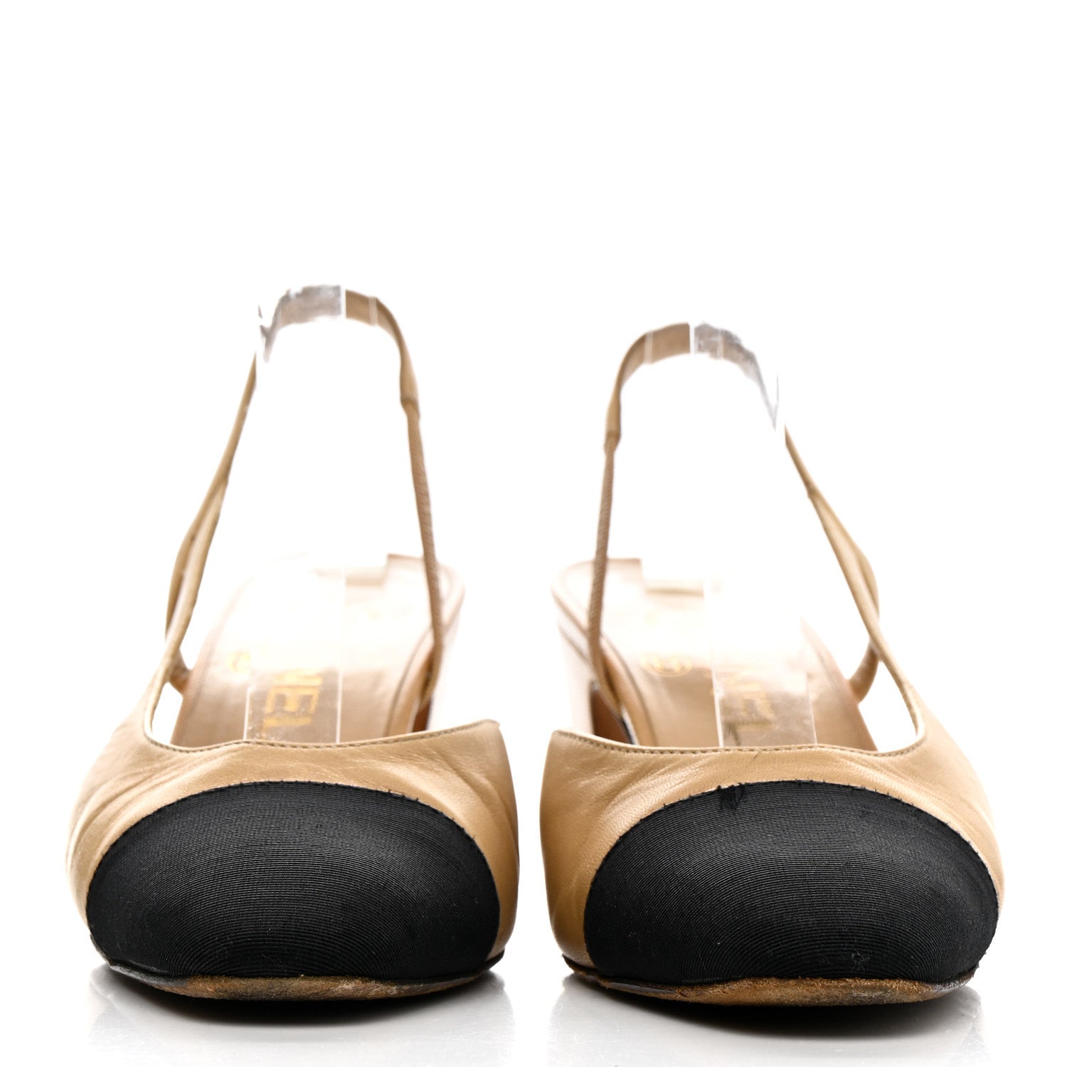 Chanel Goatskin Grosgrain Cap Toe CC Slingback Pumps 36 Beige Black 3 of 15