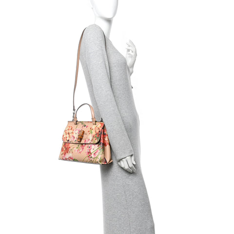 Shangai Calfskin Blooms Print Small Bamboo Daily Top Handle Bag Pink Apricot Multicolor