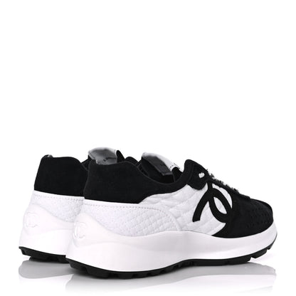 Chanel Fabric Suede Kidskin CC Sneakers 37.5 Dark Navy White 4 of 9