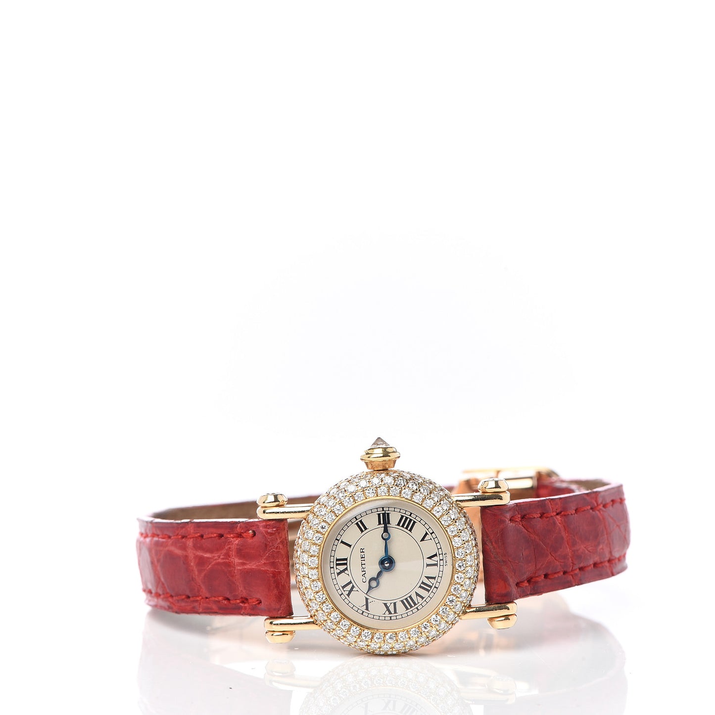 18K Yellow Gold Alligator Diamond Bezel 20mm Diabolo Quartz Watch Red