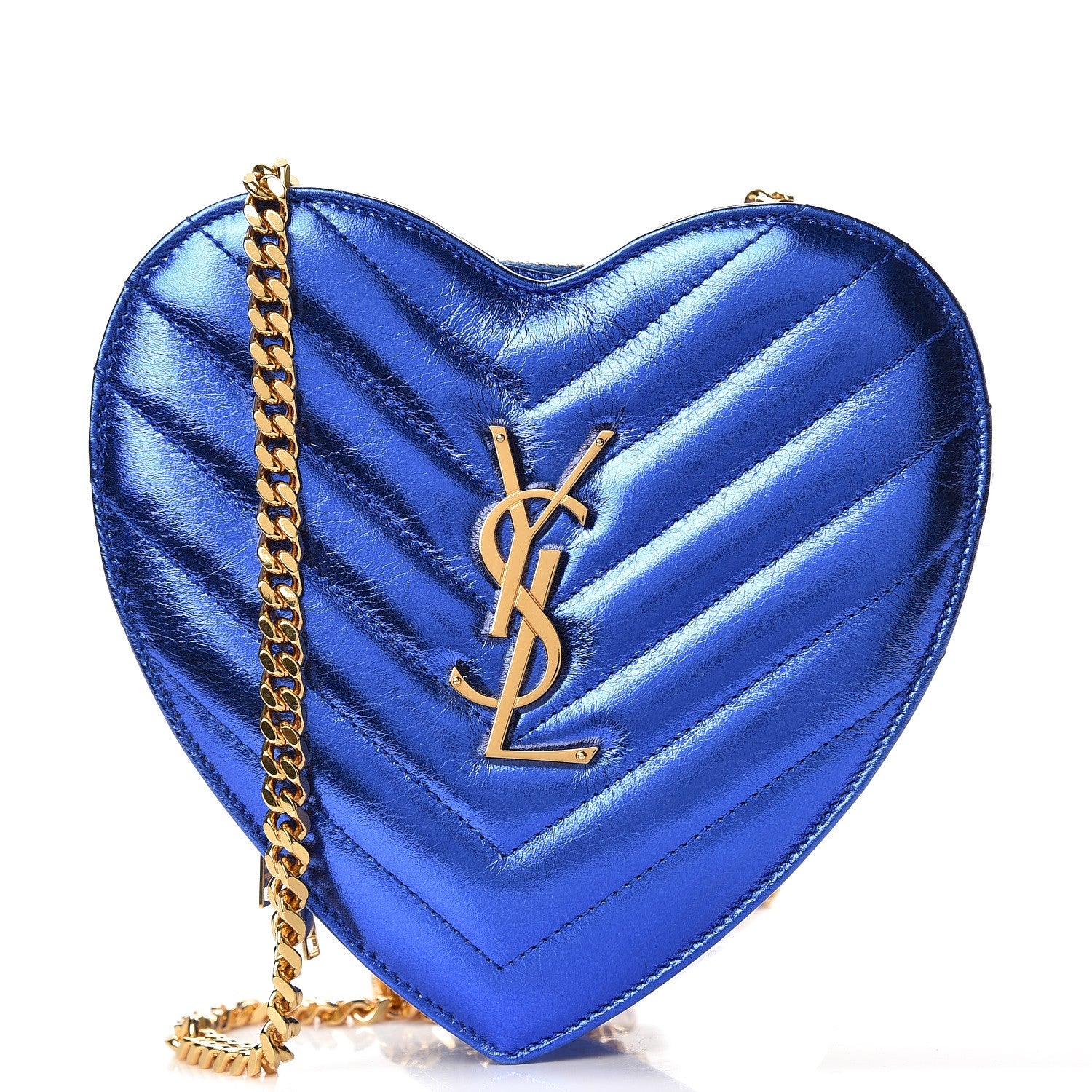 Saint Laurent Metallic Calfskin Matelasse Small Love Heart Chain Bag Blue Royal 1 of 7