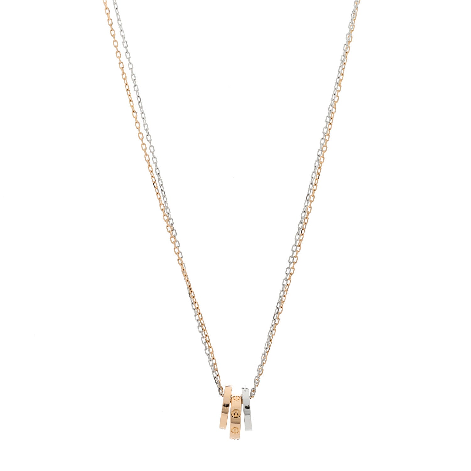 Cartier 18K White Pink Gold Diamond Three Ring LOVE Pendant Necklace 1 of 7