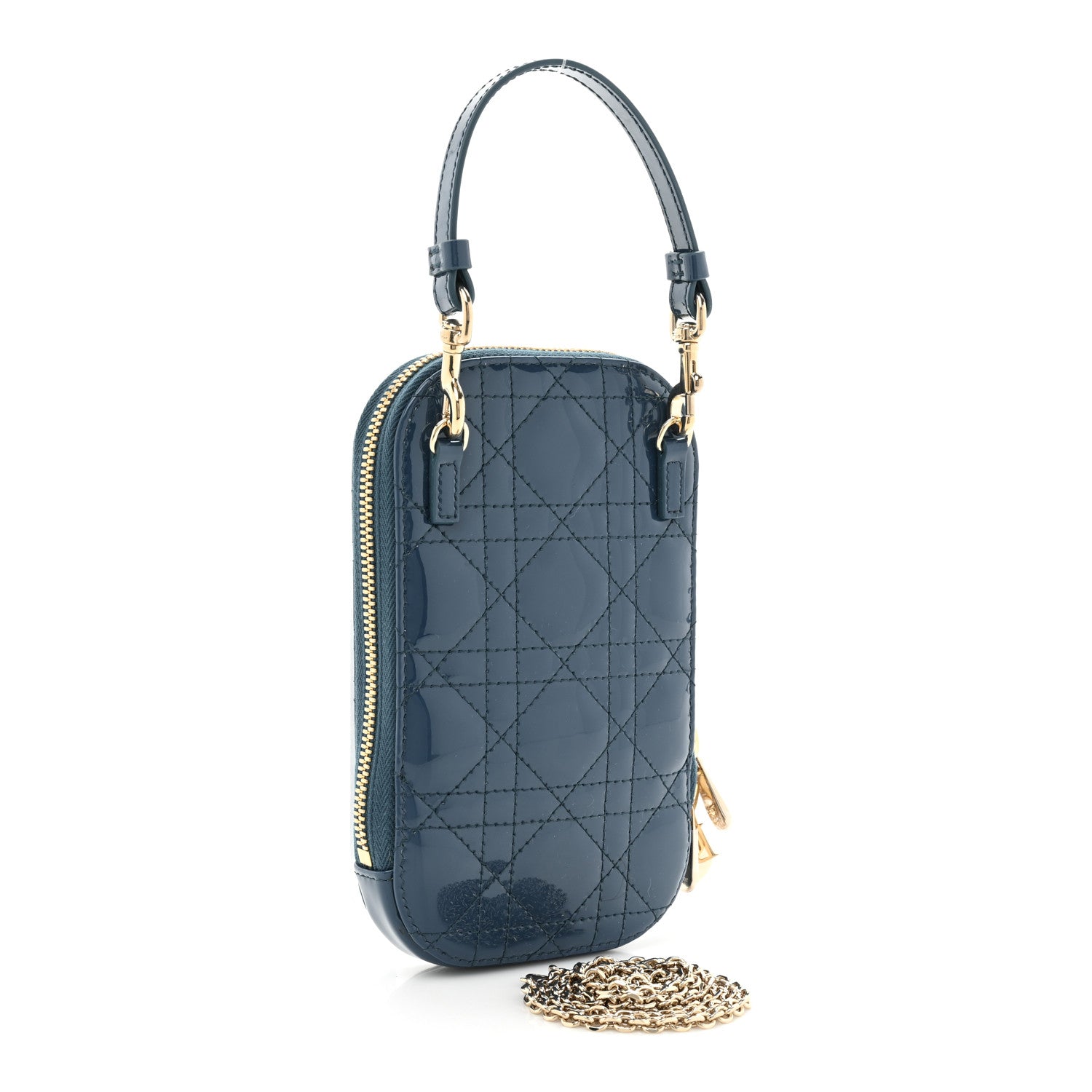 Christian Dior Patent Cannage Lady Dior Phone Holder Blue 3 of 9