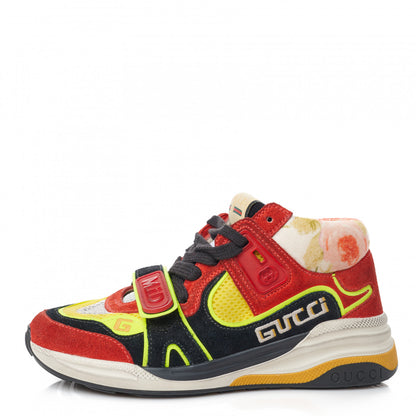 Gucci Suede Calfskin Womens Ultrapace Mid Top Sneakers 34 Hibiscus Red Black Neon Yellow Yolk 1 of 8