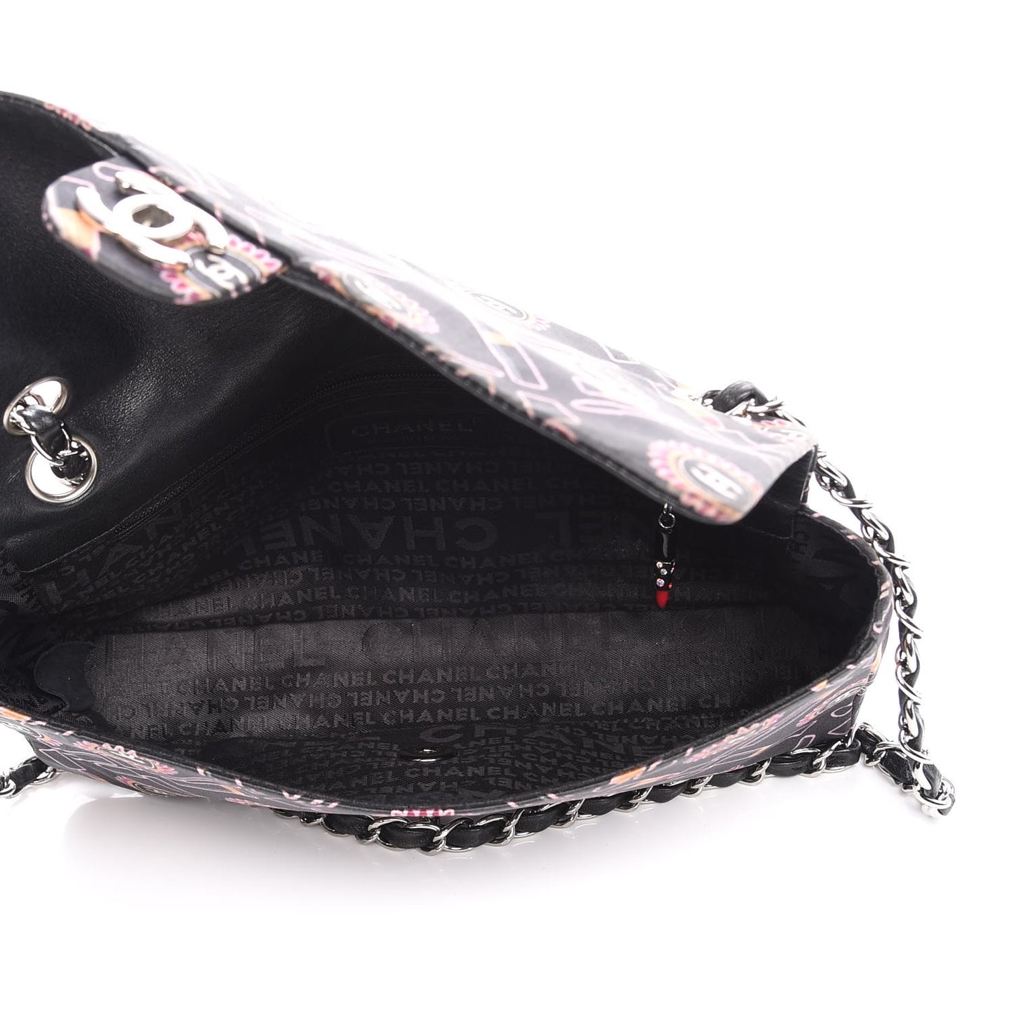 Satin Printed Lipstick Medium Single Flap Black