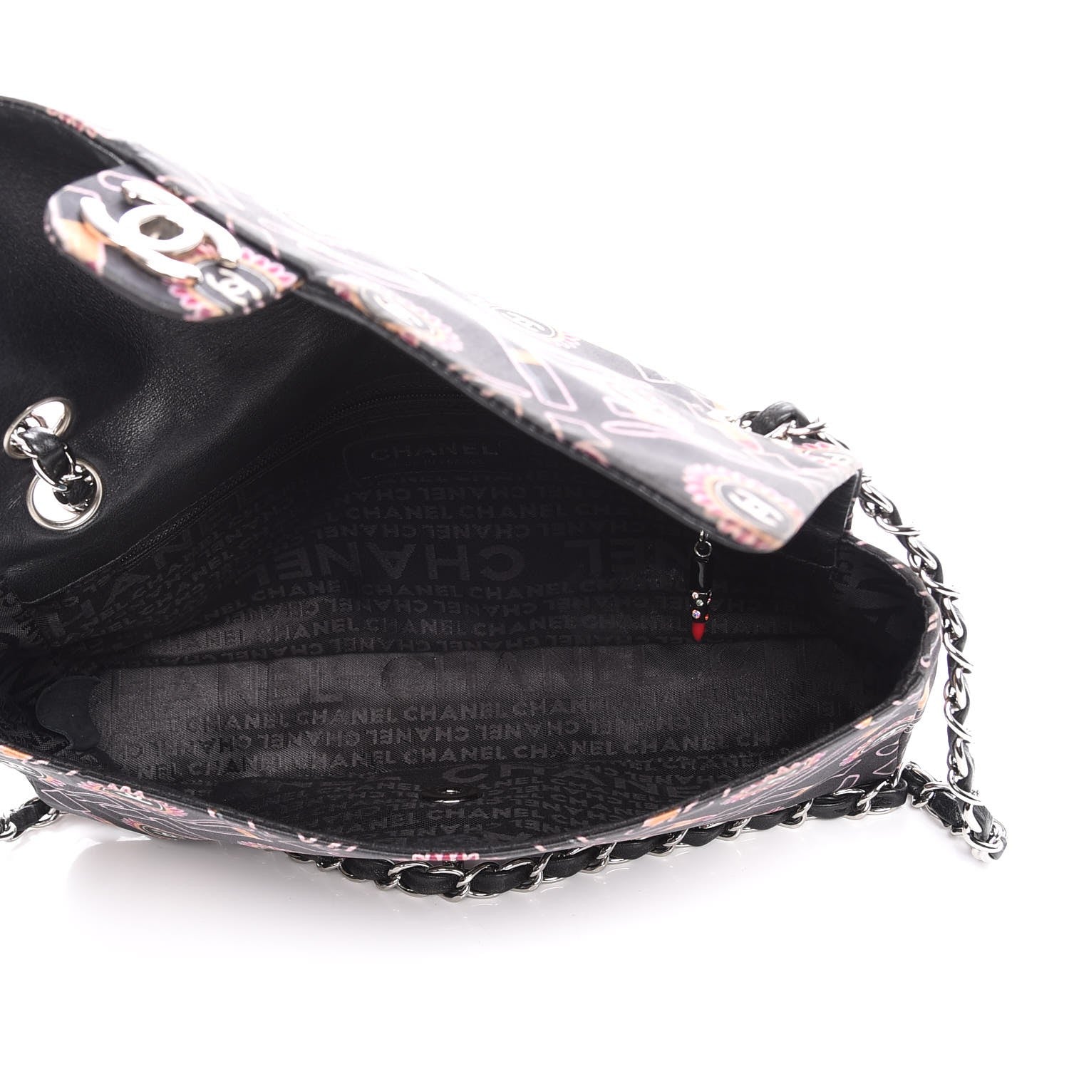 Chanel Satin Printed Lipstick Medium Single Flap Black 5 of 12
