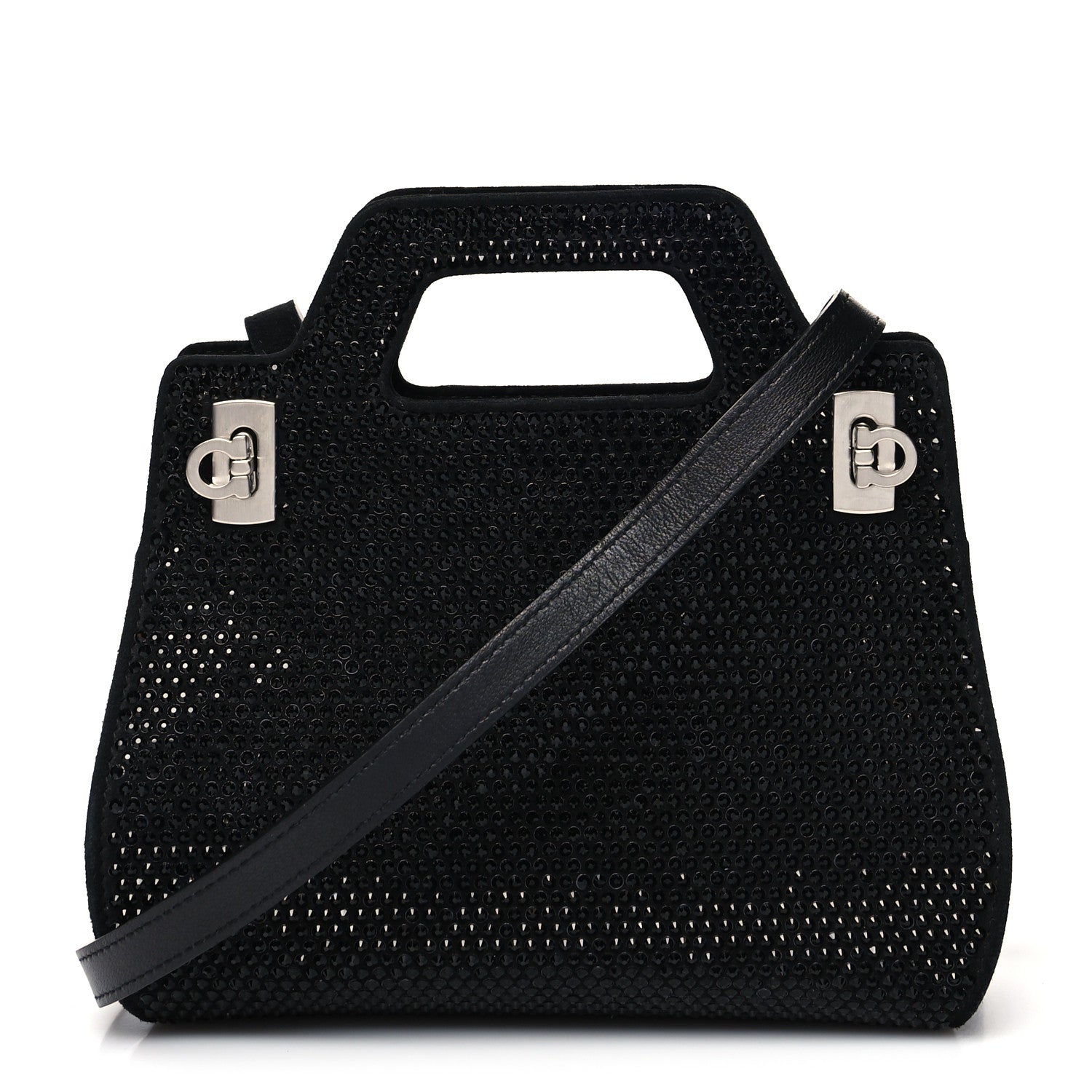 Salvatore Ferragamo Suede Crystal Embellished Mini Wanda Top Handel Black 1 of 10