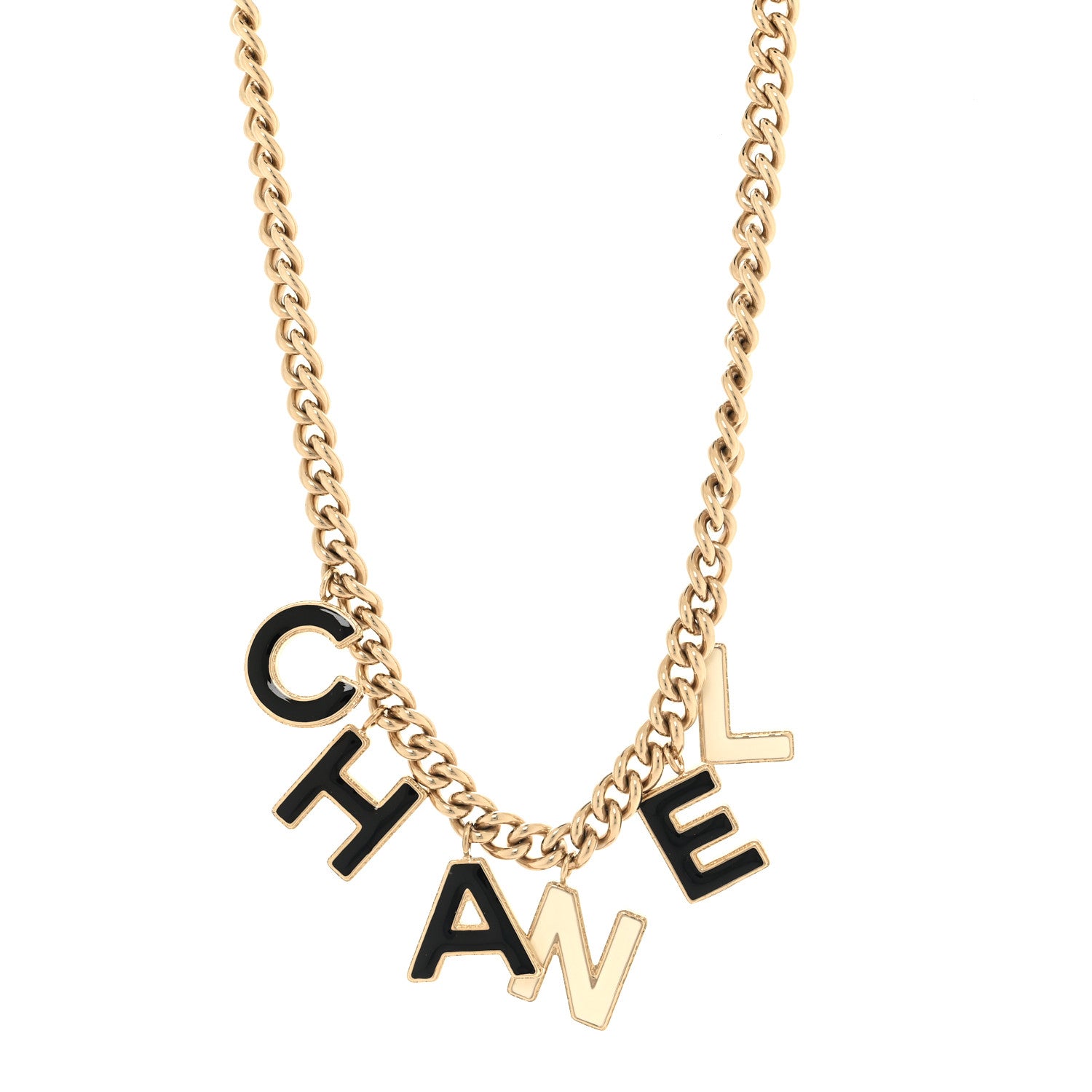 Chanel Metal Enamel Logo Necklace Gold Black White 1 of 4