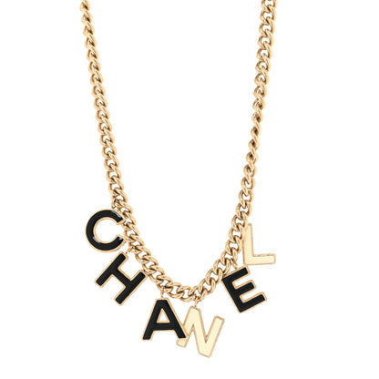 Chanel Metal Enamel Logo Necklace Gold Black White 1 of 4