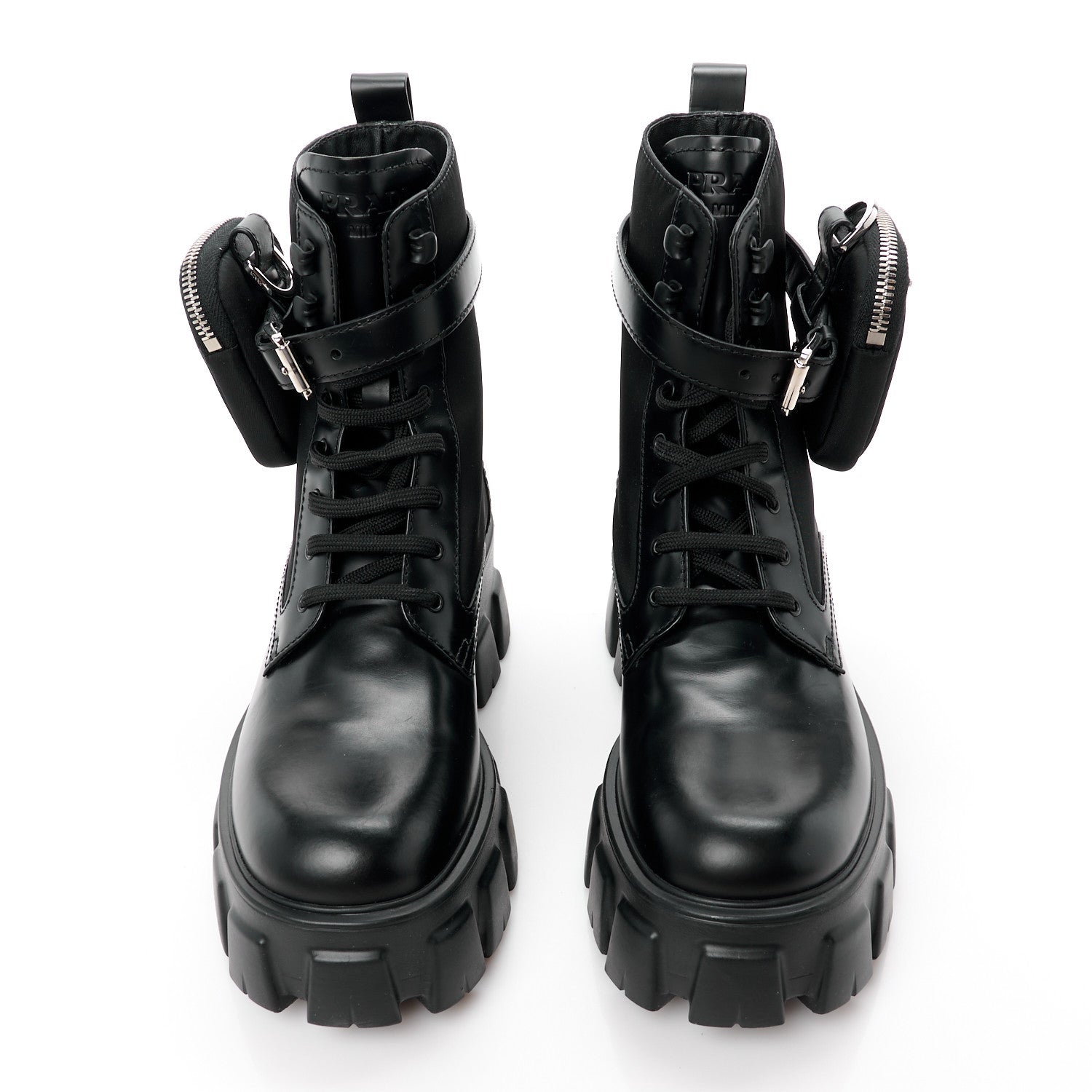 Prada Spazzolato Rois Nylon Metal Triangle Logo Monolith Pouch Pocket 55mm Boots 38.5 Black 2 of 11