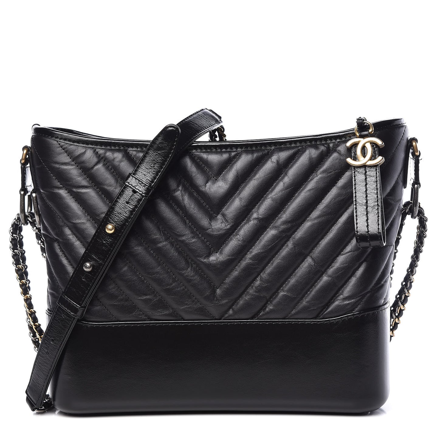 Aged Calfskin Chevron Quilted Medium Gabrielle Hobo Black