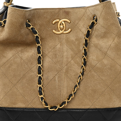 Chanel Suede Calfskin Shiny Lambskin Quilted Coco Base Shopping Bag Beige Black 8 of 11