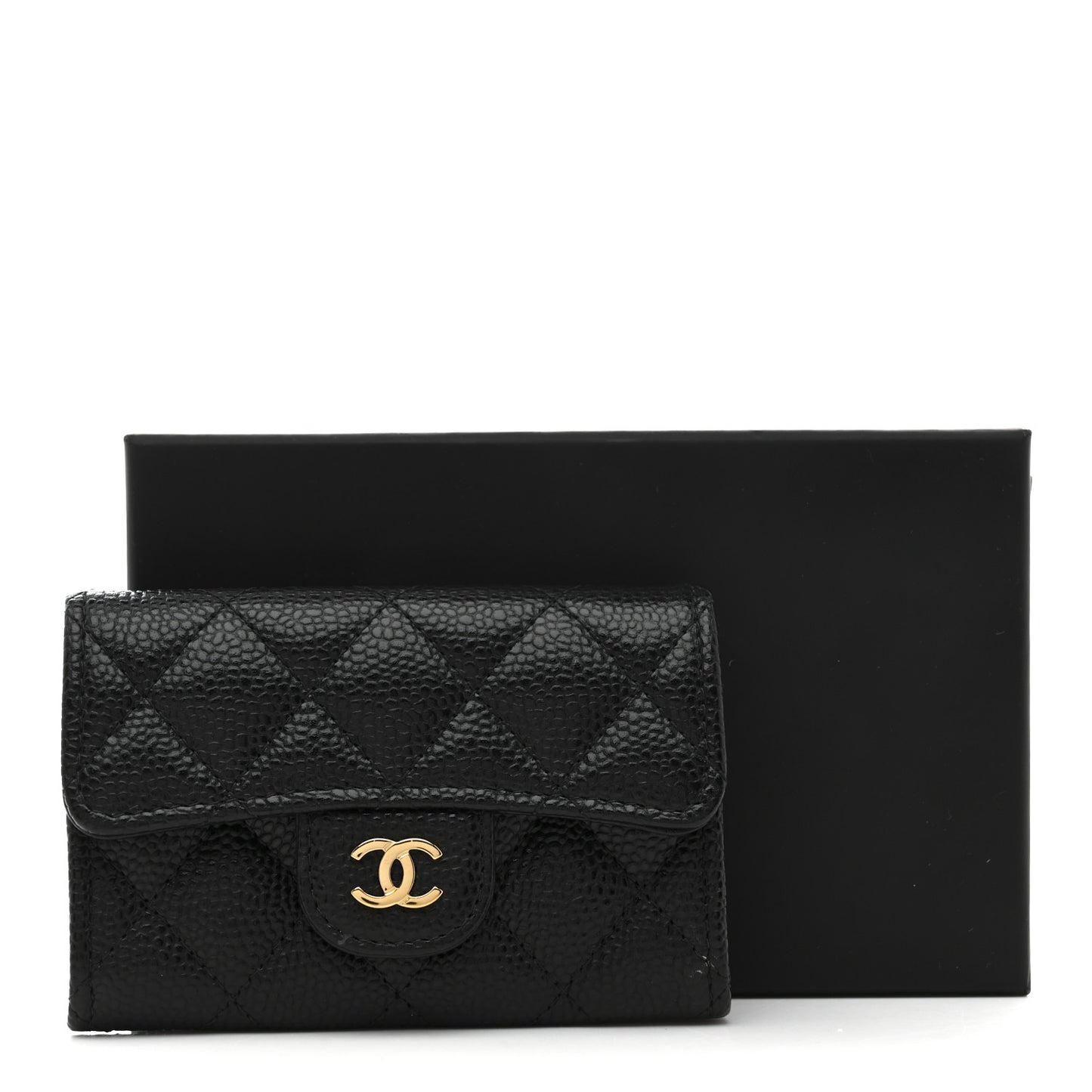 Caviar Quilted Flap Card Holder Wallet Black