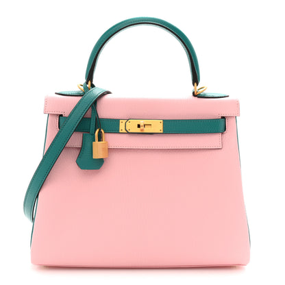Hermes Chevre Mysore Horseshoe Kelly Retourne 28 Bleu Paon Rose Sakura 1 of 11