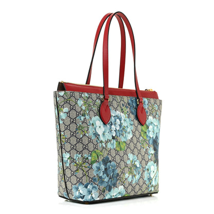 Gucci GG Supreme Monogram Blooms Medium Zippered Bucket Tote Beige Blue Navy Hibiscus Red 3 of 9
