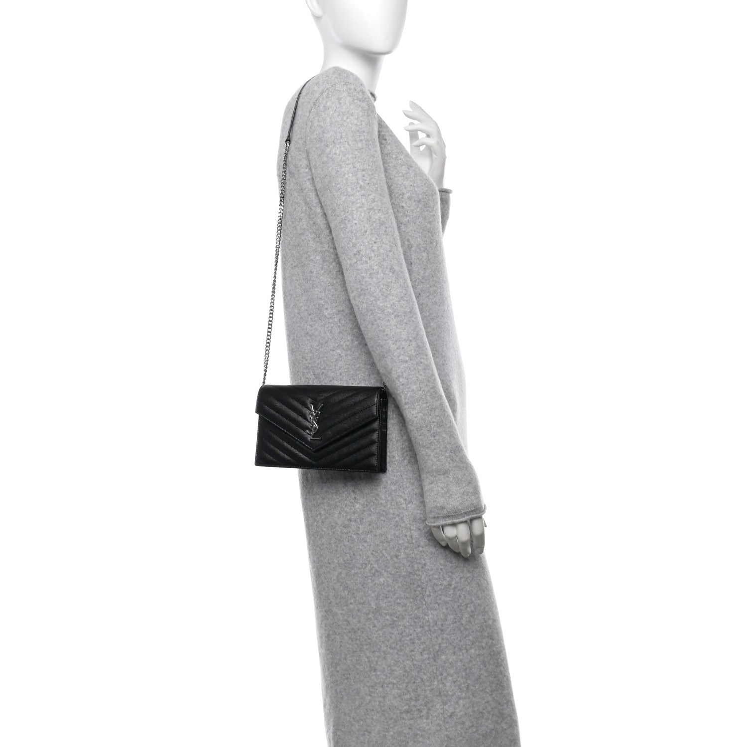 Saint Laurent Grain De Poudre Matelasse Chevron Monogram Envelope Chain Wallet Black 2 of 9