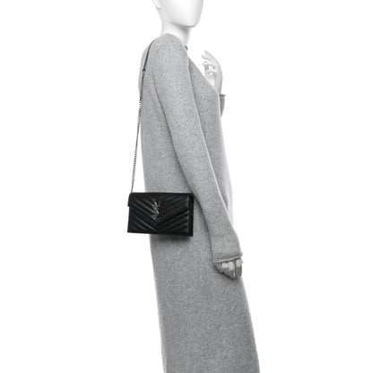 Saint Laurent Grain De Poudre Matelasse Chevron Monogram Envelope Chain Wallet Black 2 of 9
