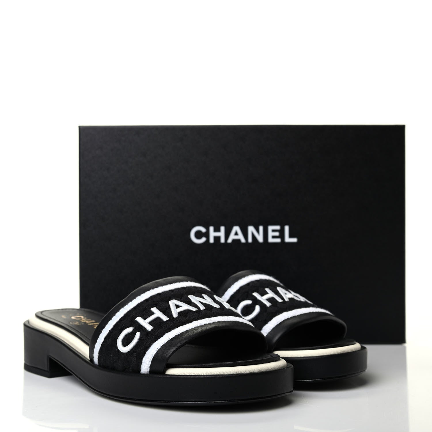Chanel Lambskin Embroidered CC Mule Sandal 37 Black White 11 of 11