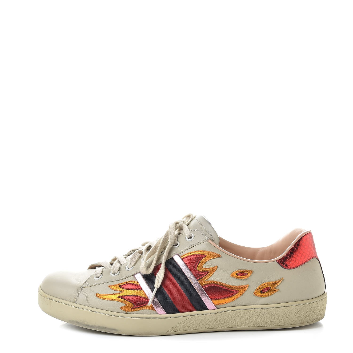 Gucci Calfskin Ayers Web Flames Embroidered Mens Ace Sneakers 10 Off White 1 of 23