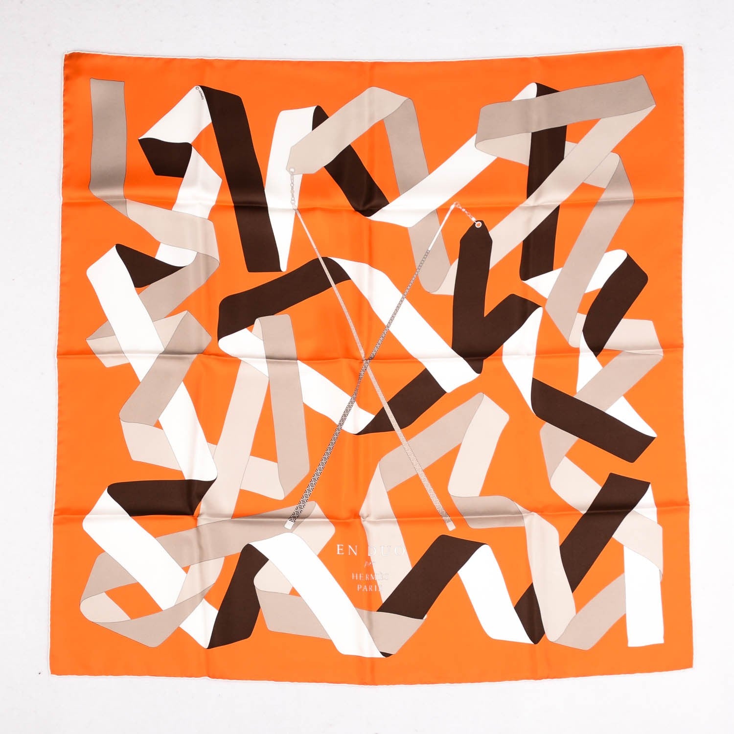 Hermes Silk En Duo Scarf 90 Orange Blanc Sepia 2 of 5