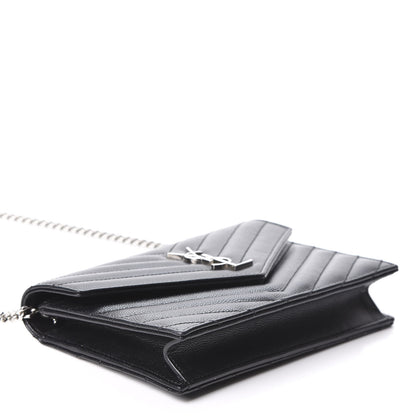 Saint Laurent Grain De Poudre Matelasse Chevron Monogram Envelope Chain Wallet Black 3 of 9