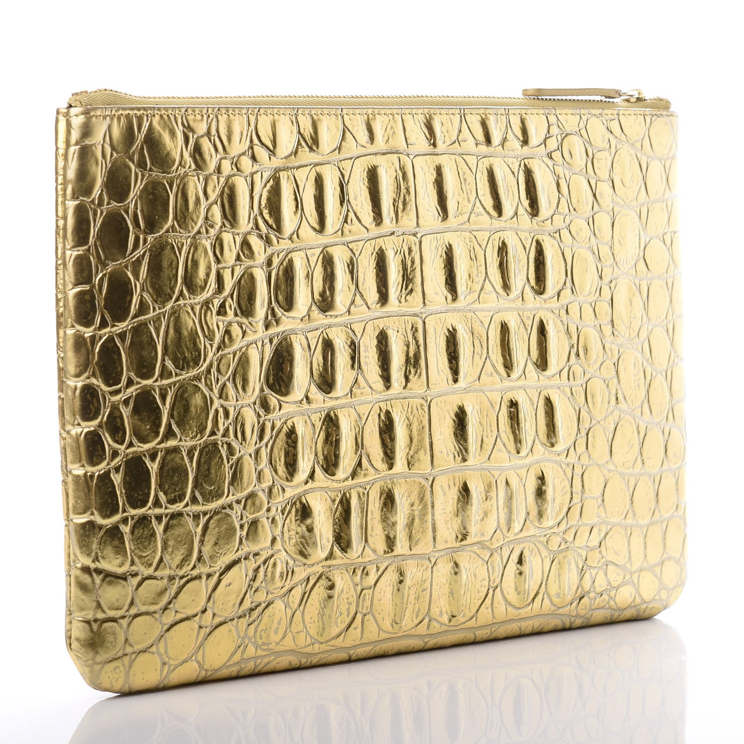 Chanel Metallic Calfskin Crocodile Embossed Medium Cocodile Cosmetic Case Gold 3 of 7